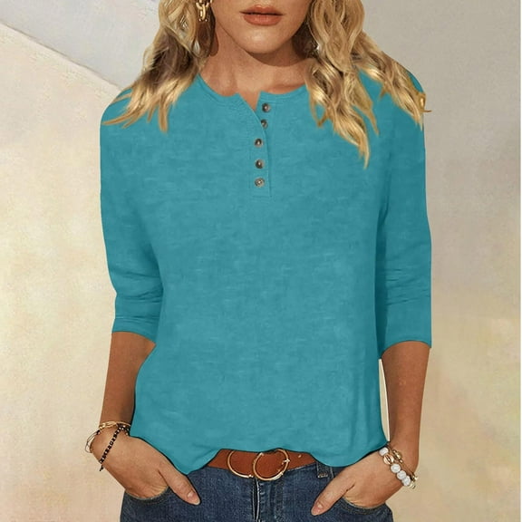 CQONEPT Women's 3/4 Sleeve Shirts Crewneck Henley Tunic Tops Casual Basic Shirts Going Out Trendy Pullover Tops Blue M