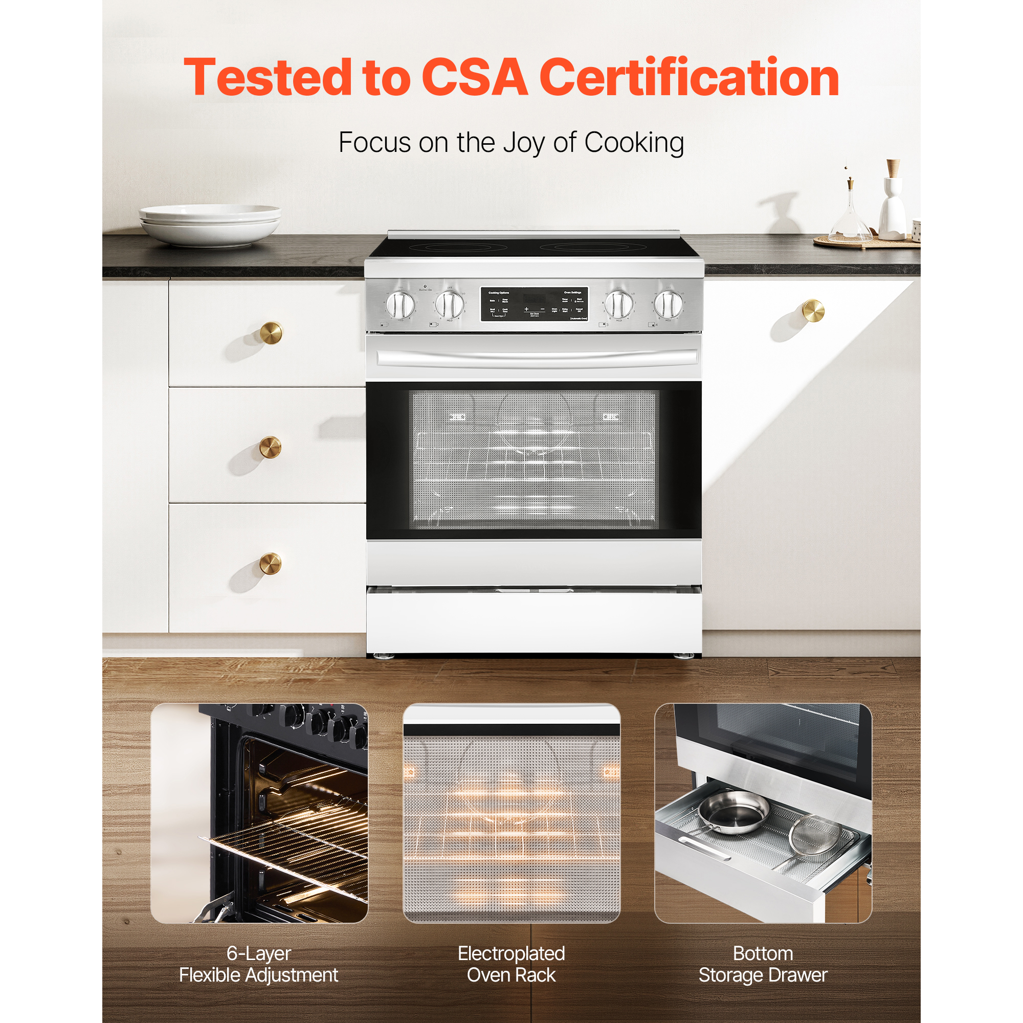 KFFKFF 30-inch Electric Range Oven, 4.8 Cu. Ft. Freestanding Stainless Steel Stove, Features 4 Cooktop Burners, Timer, Convenient Racks, Storage Drawer, Silver Finish (No power cord)