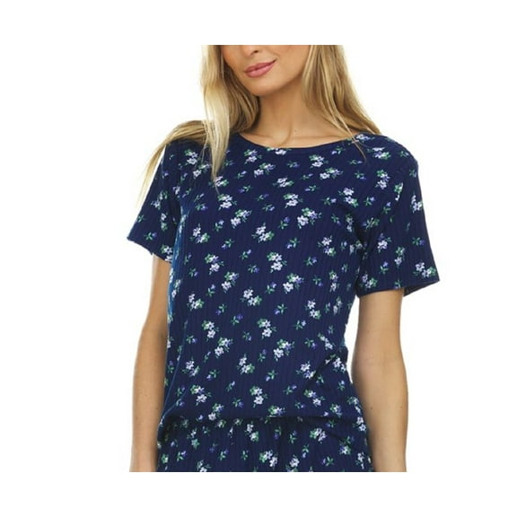 Flora by Flora Nikrooz Womens Printed Ribbed Pajama Top Only,1-Piece, Small, Navy