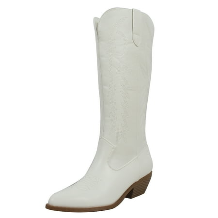 

Soda Women s Faux Leather Stitching Cowboy Knee High Boots White 8 M US