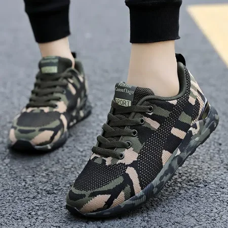 

Fly Weaving Lightweight Shoes Camo Pattern Breathable Lace-up Outdoor Running Sneakers Women‘s Shoes