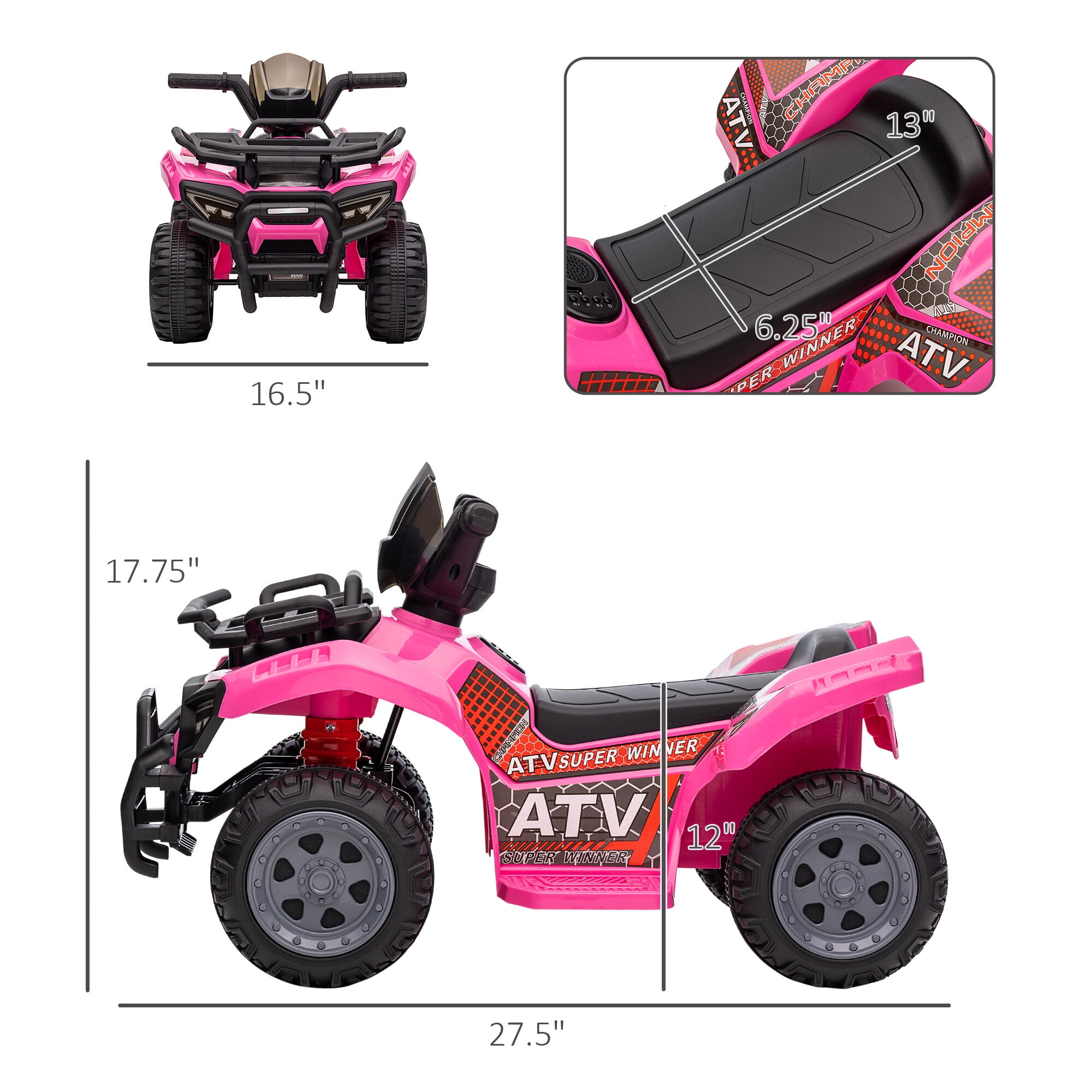Bikes Aosom ATV Four Wheeler Ride on Car, Motorized Quad, 6V Battery Powered Electric Quad with Songs for 18-36 Months, Pink, Riding Toys