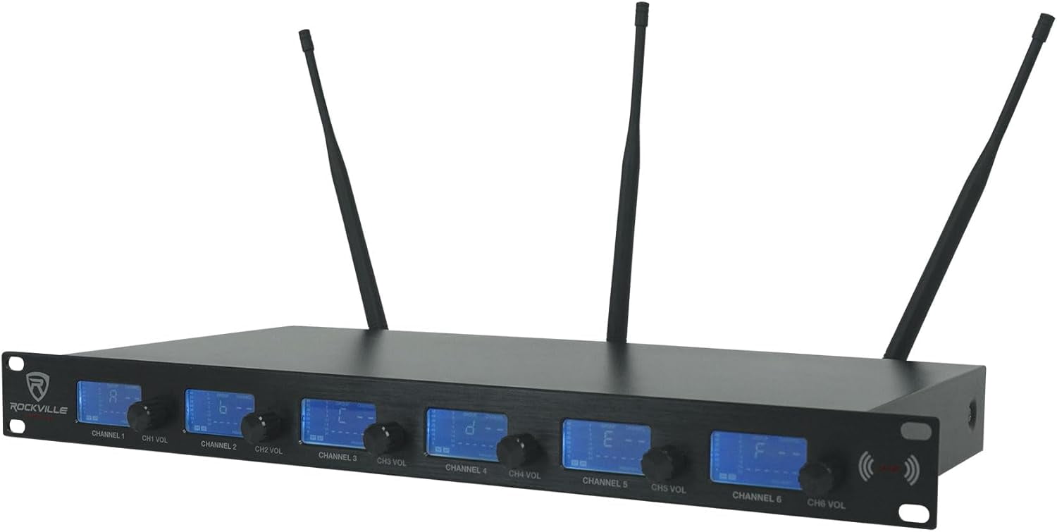 Rockville RWM-66 6-Mic Wireless UHF Microphone System, 48 Channels, Metal Build, Interference-Free, Long Range, Easy Setup, for Karaoke, Events, and Live Performances