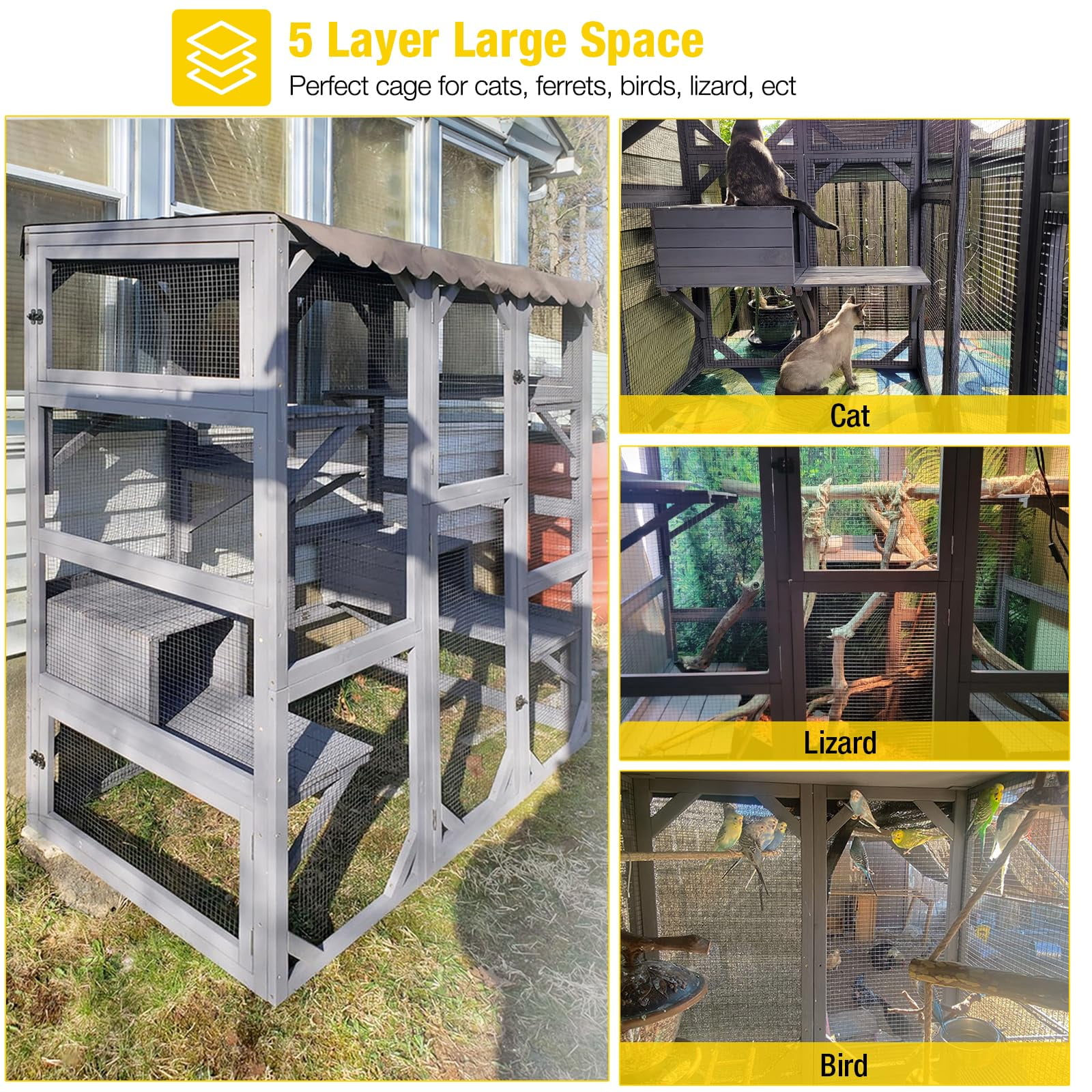 Aivituvin Cat House Outdoor Catio Kitty Enclosure, Wooden Cat Cage Condo Indoor Playpen with Large Enter Door and Platforms for Kittens
