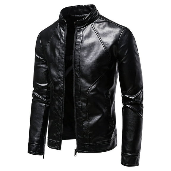 Maoxin Jackets for Men Fashion Casual Leather Long Jacket Sleeve Lapel Pocket Zipper Fitted Top Coat Black M