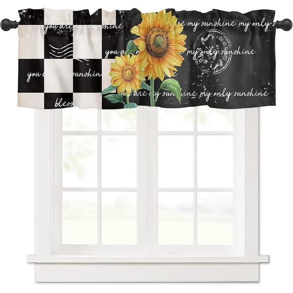 Buffalo Plaid Valance Curtains for Windows, Farmhouse Sunflower Rod Pocket Valances Window Treatments Simi Sheer Short Curtains for Kitchen Bedroom Living Room,54" X 18" -1 Panel,Black White