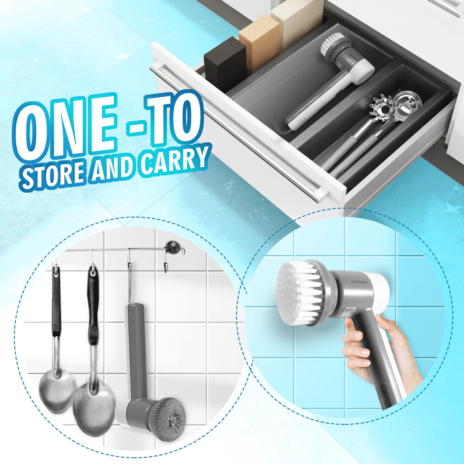 Zommapro Toilet brushes Bathroom Scrubber Rechargeable Shower Scrubber with 5 Replaceable Brush Heads, Cordless Cleaning Brush Power Scrubber for Floor Wall Tile Tub Sink Grill Dish Kitchen