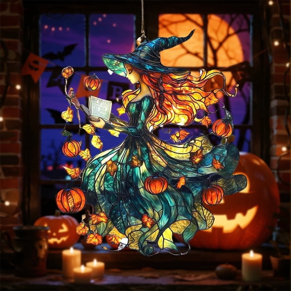 Halloween Window Hanging with Pumpkin Witch and Falling Leaves Design, Elegant Autumn Decor for Book Lovers