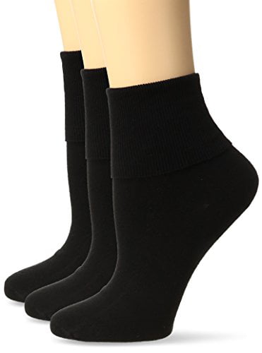 No Nonsense Women's Cotton Basic Cuff Sock 3-Pack, Black, 4-10 ...