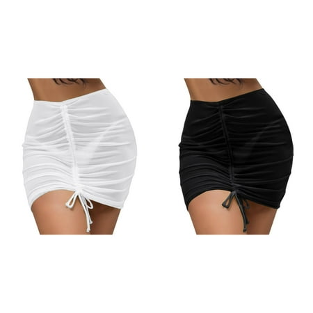 2-Pack Sheer Cover Up Ruffle Drawstring Cover Wraps Skirt Beach Skirt Beach For Swimwear Cover Up Skirt Women Mesh Shiny Bikini Wrap Trim Ups Bikinis Set Lace Bikini Bikini Cover up V Cut Bikini