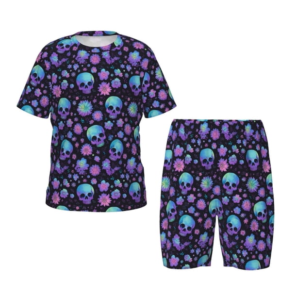Balery purple Skull flower Conjunto de Pijama Infantil de Manga Corta con Estampado – Ropa de Dormir de Algodón Suave-Medium