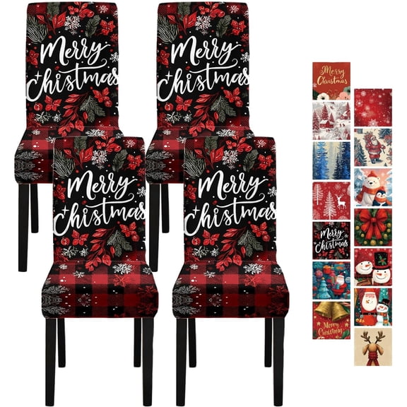 Merry Christmas Chair Covers Set of 4, Stretchable Dining Chair Slipcovers with Red Plaid and Holiday Floral Design for Festive Décor
