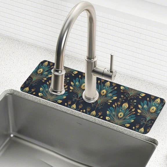 Yayeee Faucet Mat for Kitchen Sink 14.7" Diatomite Long Splash Guard Pad, Gold Peacock Pattern