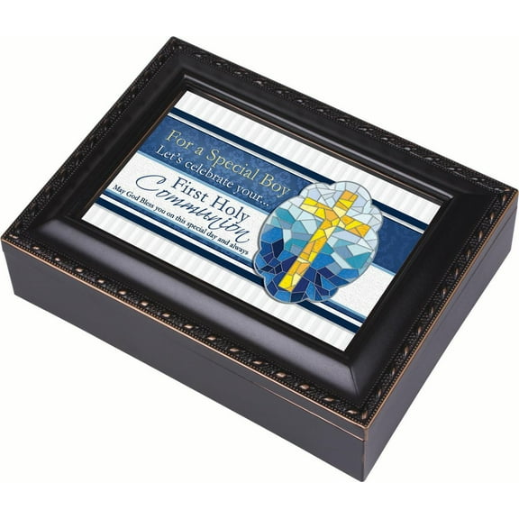 First Communion Boy Cottage Garden Black Matte Finish Jewelry Music Box - Pla...