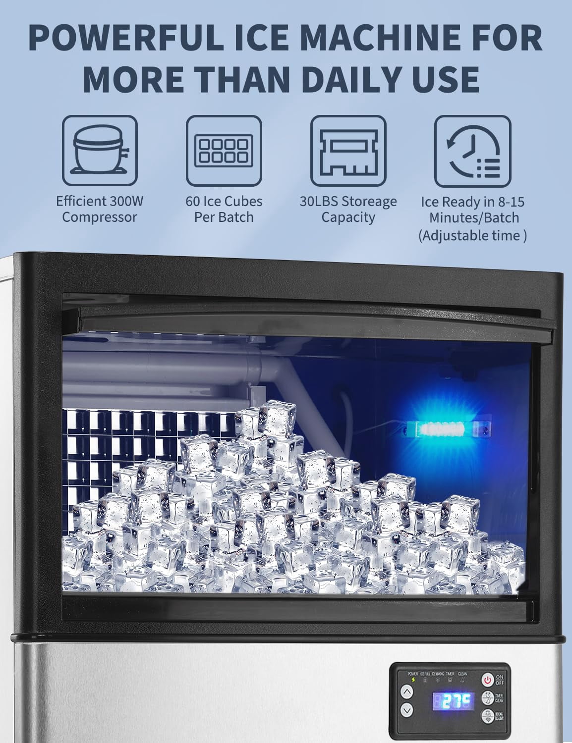 Commercial Ice Maker Machine, 130lbs/24H, 30 Lbs Ice Storage Bin, Fast Making Ice in 5-15 Mins, Auto-Clean, Timer Function, Freestanding or Undercounter for Restaurant,Coffee Shop, Food Truck and Bar