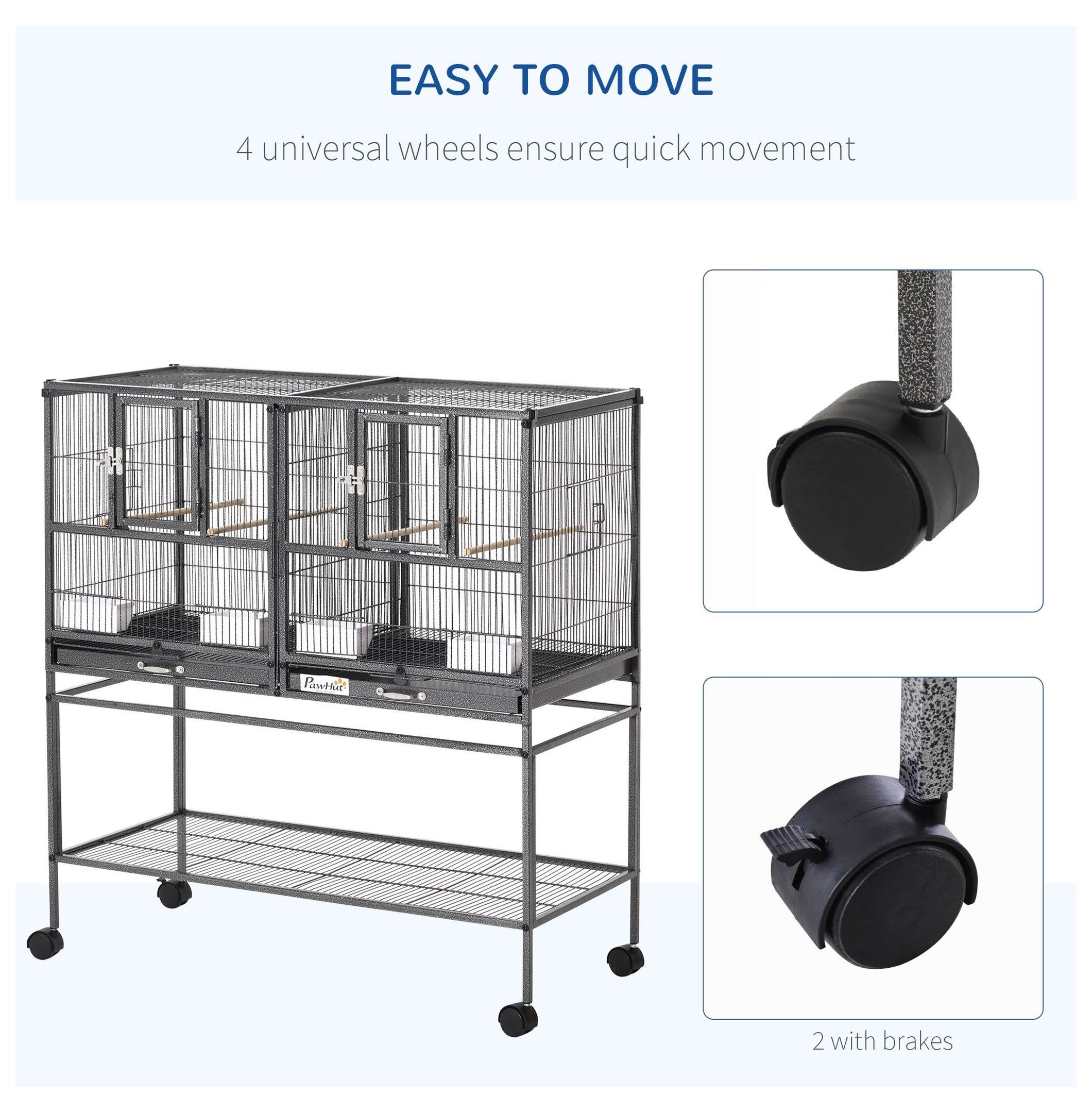 Large Bird Cage Double Rolling Metal 40.25" H w/Storage Shelf & Perches - Black/Gray