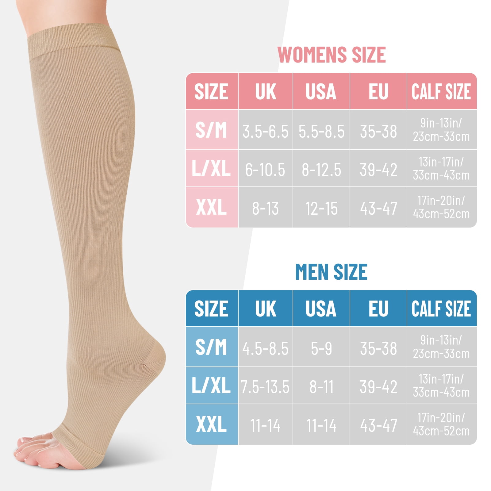 Hengguang 2 Pack 20-30mmHg Open Toe Compression Socks for Men & Women – Knee High Stockings for Running, Pregnancy, Travel, Work – Varicose Veins & Circulation Support