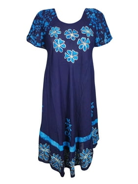 Mogul Womens Flare Dress Caftan Floral Batik Embroidered Rayon Loose Dresses L