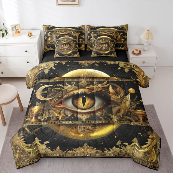 Homewish Vintage Magic Dragon 7-Piece Twin Bedding,Hippie Evil Eye Bedding Comforter Set,Black Gold,Black Reversible