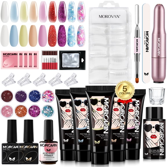 Morovan Poly Gel Nail Kit, 5-color poly gel, entry kit withdrill bit - Professional Poly Nail Gel Kit, with light 48W full Poly Gel Kit, suitable for beginners DIY Gel Nail Extension Kit