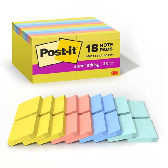 Post-it® Super Sticky Notes, 1-7/8 in x 1-7/8 in, 18 Pads, 90 Sheets/Pad, 2x the Sticking Power, Summer Joy Collection