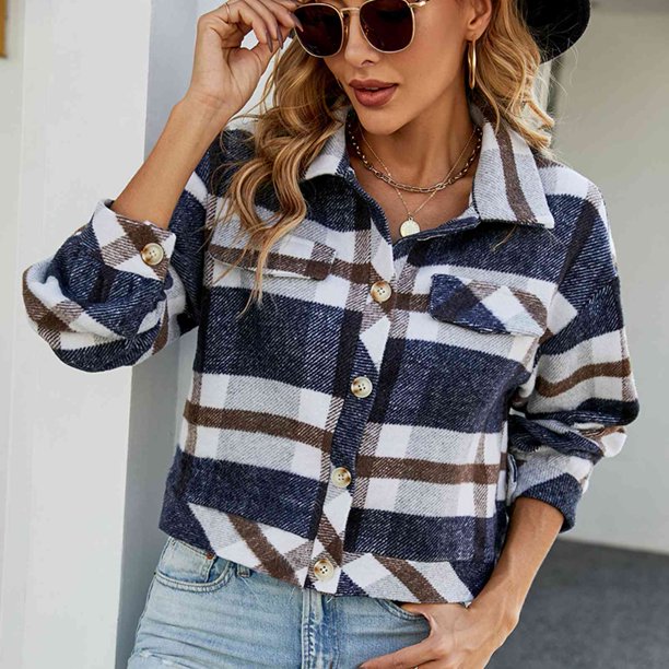 Chaqueta camisera con botones a cuadros para mujer, chaqueta camisera para mujer, chaqueta camisera con botones a cuadros para mujer, chaqueta a cuadros de manga larga, máxima comodidad