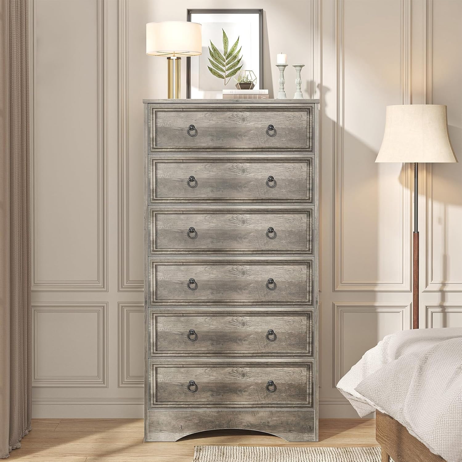 Frmobepts 6 Drawer Dresser Chest Tall Drawers Wood Cabinet for Bedroom, Gray Wash