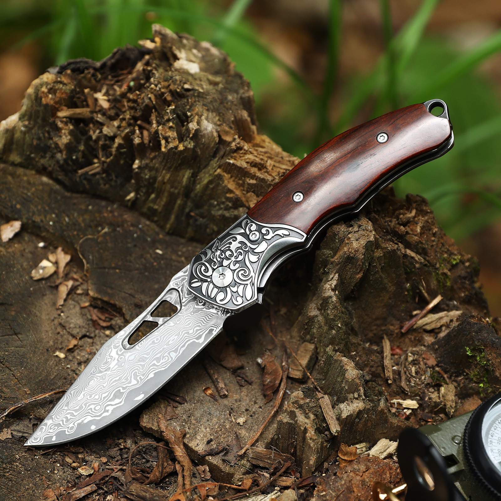 Dispatch Folding 4" Damascus Pocket Knife with Red Wood Handle