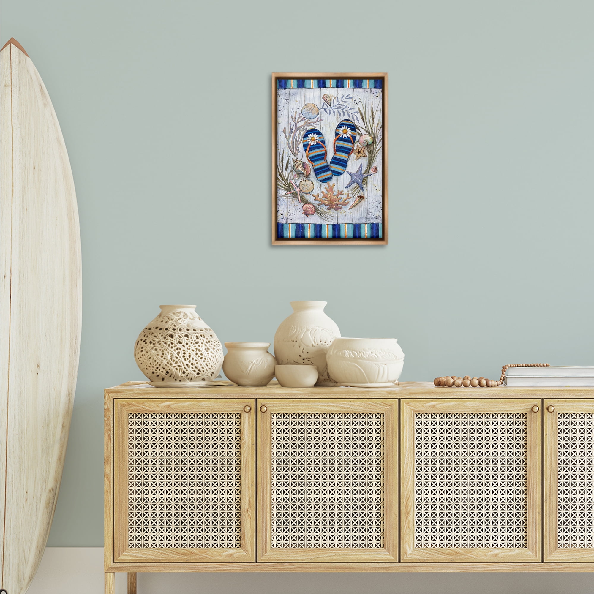 Stupell Industries Coastal Wreath & Flip Flops Nautical & Beach Painting Brown Floater Framed Canvas Art Print Wall Art, 17 x 25