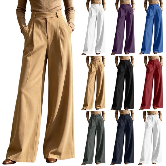 Miluxas Women's High Rise Wide Leg Trousers Pleated Front Business Casual Loose Straight Pants with Pockets Dress Pants for office Commute Wear White