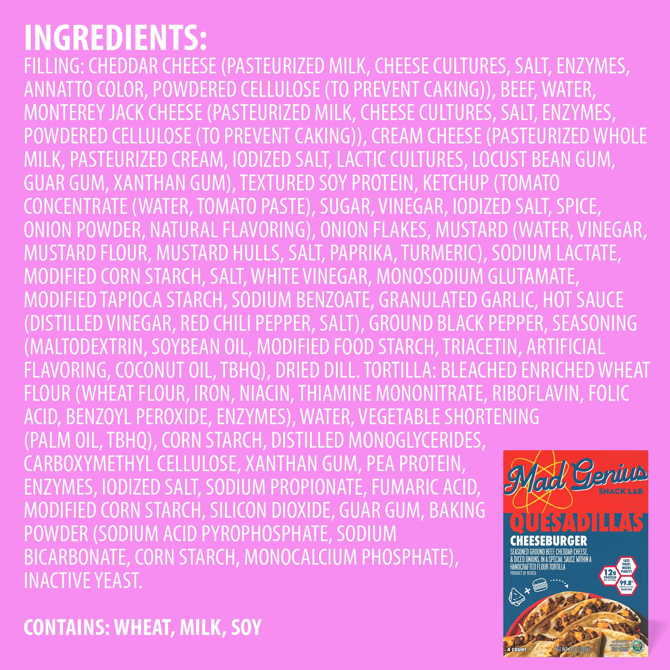 Mad Genius Cheeseburger Quesadillas, 14 oz (Frozen), 12g of Protein per Serving