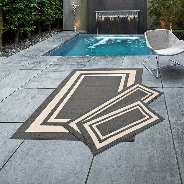 Garland Rug Borderline Polypropylene Cinder Gray/Ivory Indoor/Outdoor Rug Set, 3 Piece Set (24"x40" Accent Rug, 2'x5' Runner Rug, and 5'x7' Area Rug)