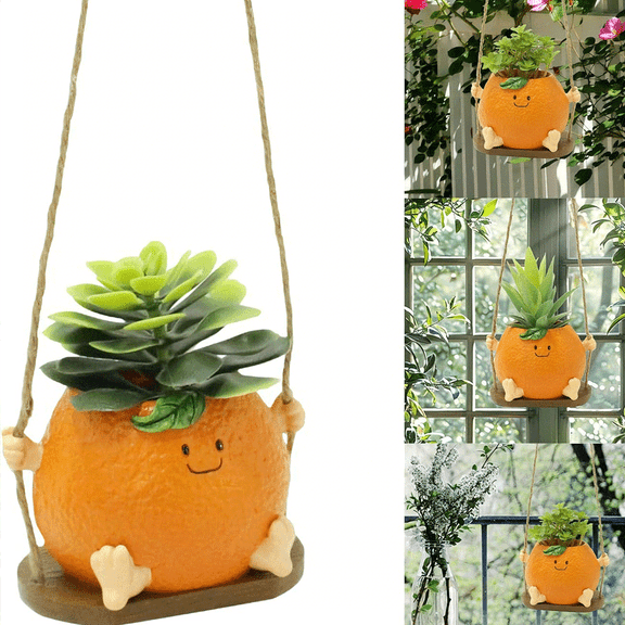 Swing Planter Pot Orange Face Swing Flowers Pot Cute Hanging Swing Planter Resin Swing Plant Pot for Indoor Outdoor Compact Haning Planter Pots Portable for Succulents Azaleas Pearls 12×10×9cm