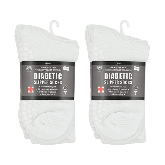 Diabetic Socks Unisex - Men's and Women Non Skid Hospital Loose Fitting Design, Physician Approved Slipper Socks With Gripper Bottoms - 6 Pack - Gripper socks (White Skid 2, 13-15)