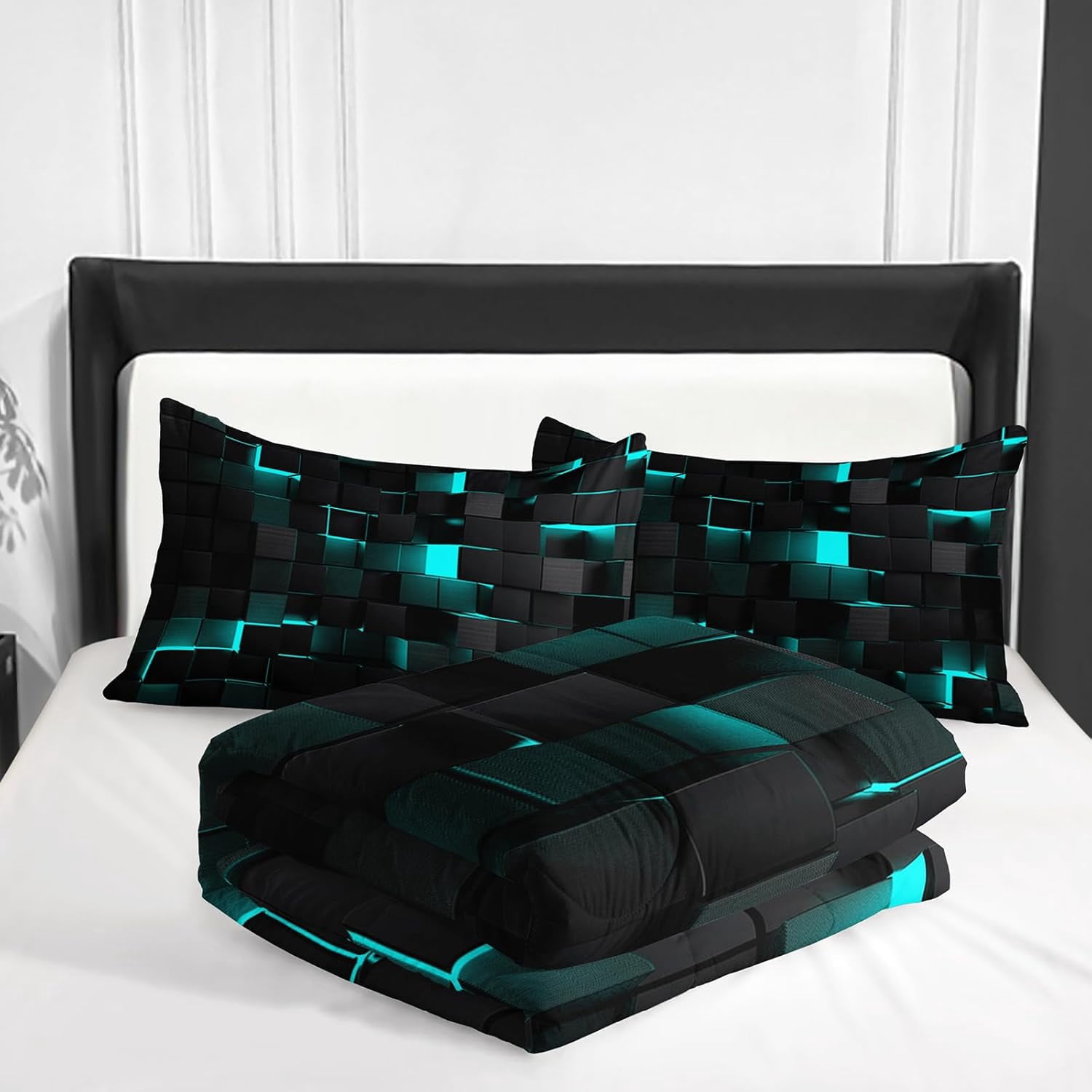 Flymme Black and Teal Comforter Set King Size,3 Piece Modern Neon Geometric Checkered Bedding Abstract Square Plaid Bed Set for Teen Men Gamer Room Decor