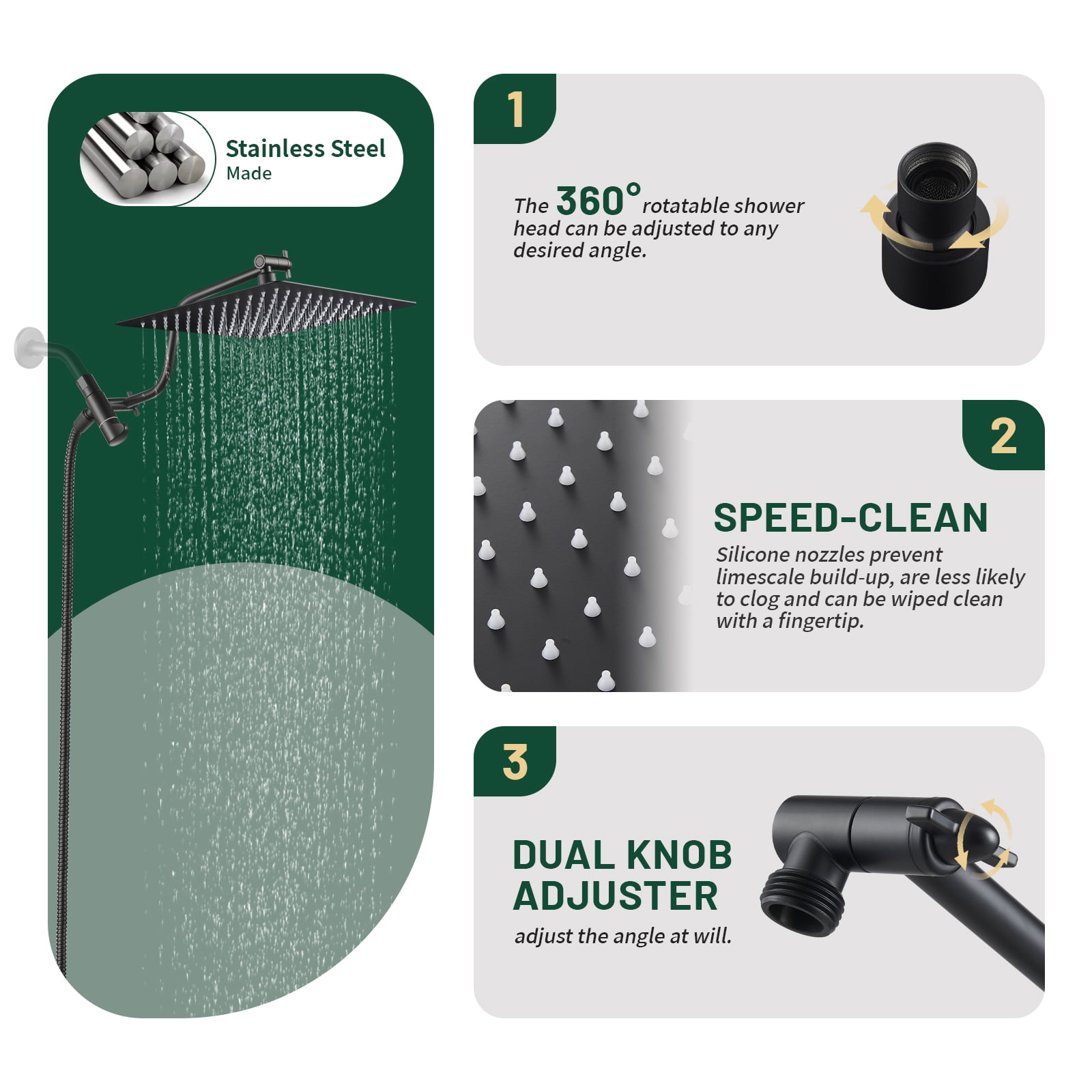 Cobbe 10-Inch Dual Shower Heads with Handheld Spray Combo, 3-Way Rain Shower Head, 9-Spray Patterns Handheld Shower, Matte Black