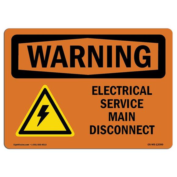 SignMission OS-WS-D-35-L-12099 OSHA Warning Sign - Electrical Service Main Disconnect with Symbol