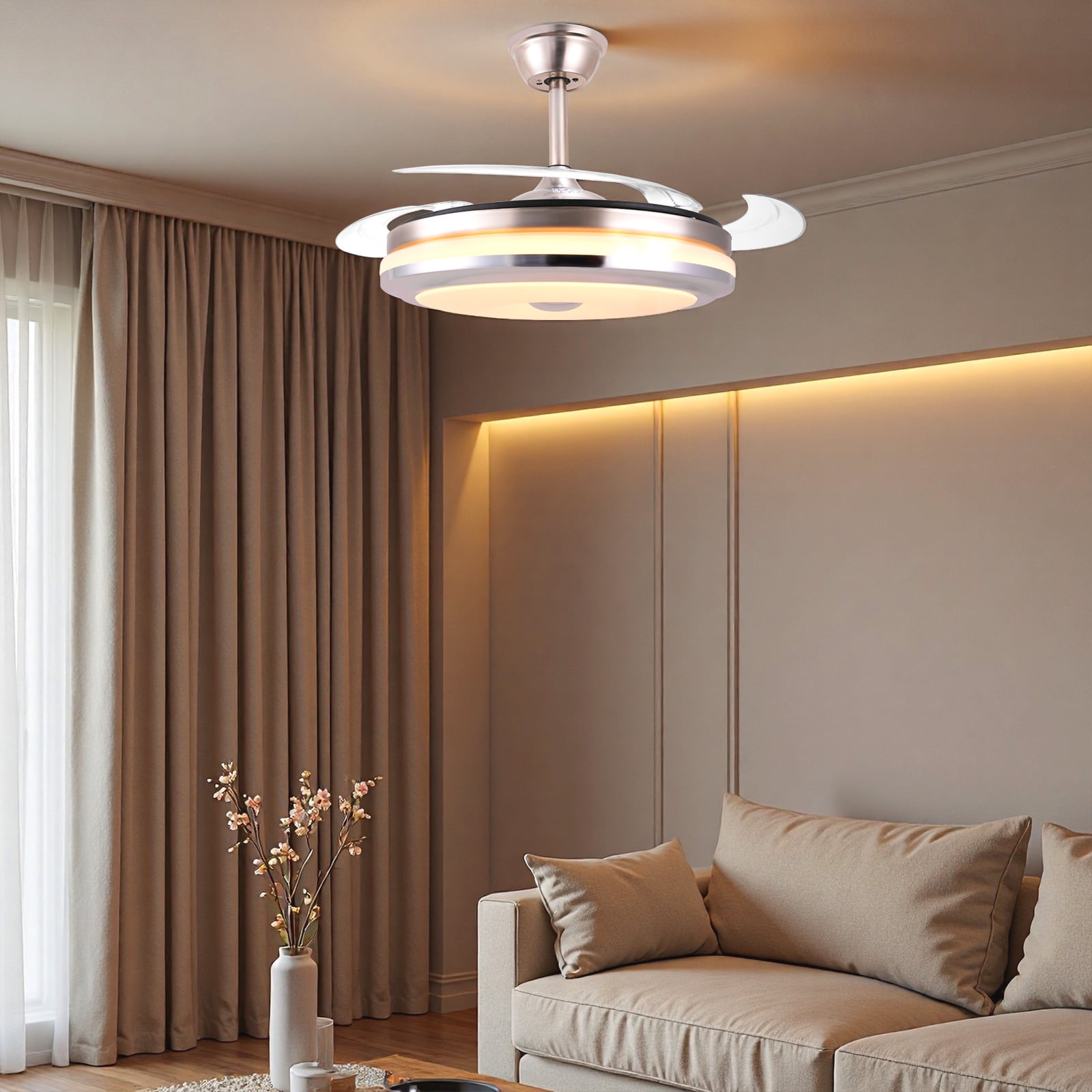 Retractable Ceiling Fan with Lights and Remote,42 Inch Fandelier Ceiling Fan with Light, 6 Speed Dimmable Reversible Memory, Modern Silent Smart Fan for Bedroom Living Room