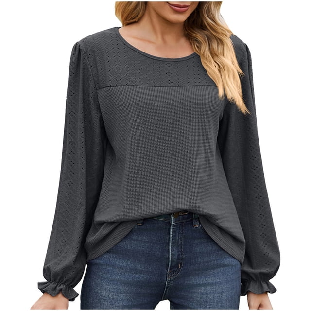 Timegard Blouse pour Femmes, Col Rond à Illets, Manches Longues à Volants, Hauts Décontractés Confortables pour l'Automne, Couleur Unie