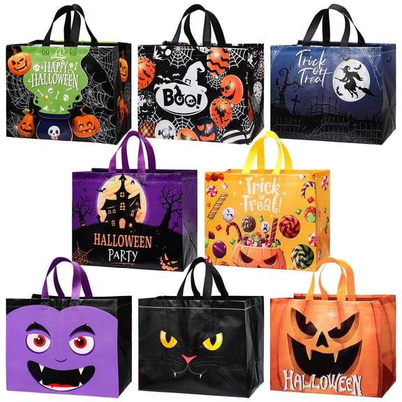sixwipe 8Pcs Large Halloween Tote Bags with Handles, 13x9.8x6.7 Inch Non-Woven Reusable Trick or Treat Bags for Party Gift Supplies