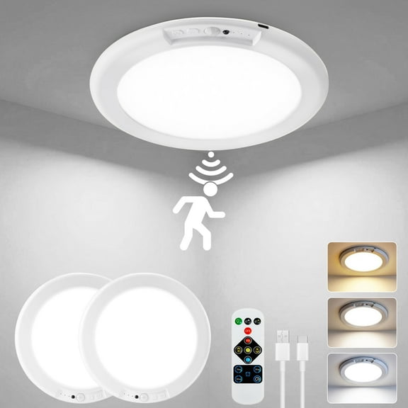Alficedo 2 Pack Motion Sensor Ceiling Lights, Wireless Rechargeable LED Light with Remote, Supports 3 Color Temperature, Dimmable and Timing for Attics Hallways Bathrooms Garages