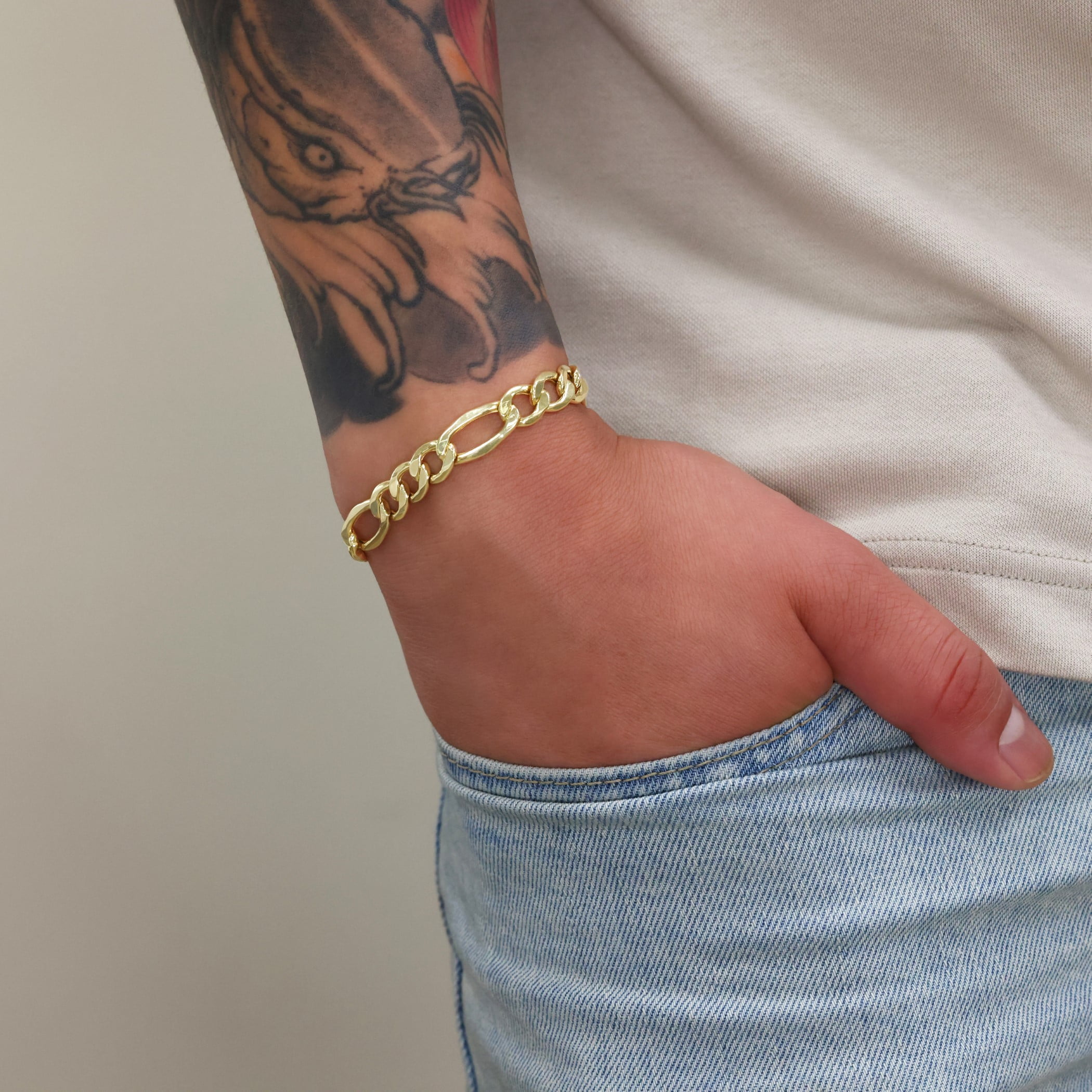 Nuragold 14k Real Yellow Gold Figaro Link 7.5mm Chain Bracelet (7"-9") Italian Jewelry for Men & Women