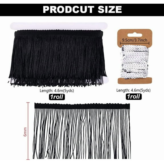 5 Yards X 3-3/4 Inch Fringe Trim with 5 Yards Silver Sequin Trim Black Fringe Tassels Trim Tassel Polyester Sewing Trim Ribbon for Costume Dress Jean Jacket Sewing Projects Party Decor