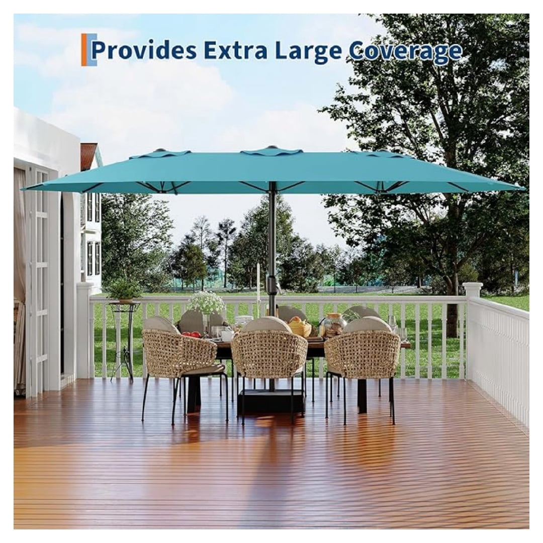 Heavy Duty 15FT Patio Umbrella with Weighted Base - Double-Sided Sun Shade for Outdoor Dining, Poolside, Backyard (Crank Handle, UV Blocking Fits 2-8 People)