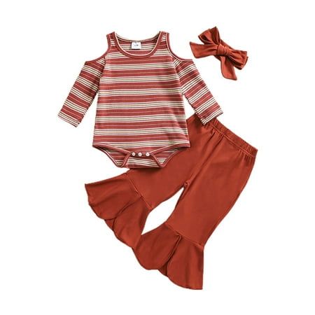 

Binshrliy 3pcs Baby Girl Spring Outfits Pants Set Newborn Cold Shoulder Long Sleeve Romper Tops + Flare Trousers + Headband 3M 6M 12M 18M Infant Fall Casual Clothes