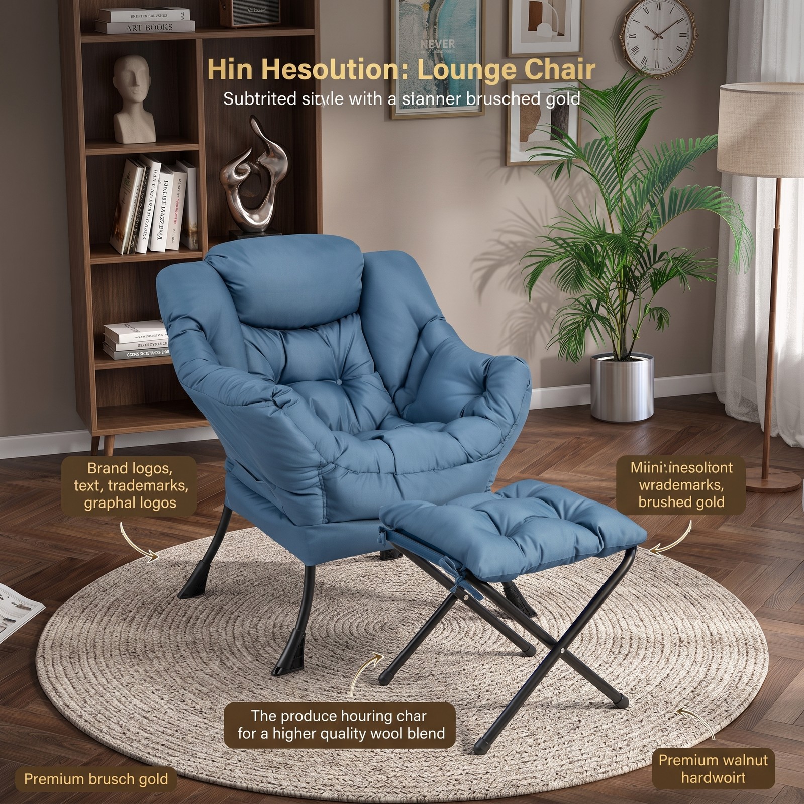Furnibear Modern Accent Sofa Chair with Folding Footrest Ottoman, Upholstered Reading Armchair with Side Pocket for Living Room Bedroom Balcony, 330 lbs Capacity, Navy