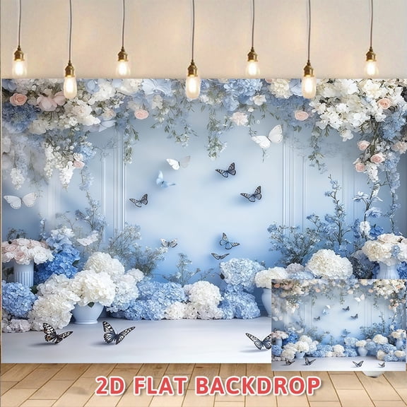 Blue White Floral Butterfly Backdrop Suitable For Wedding Photography Banquet Decoration Commercial Events Portrait Shooting Scenes