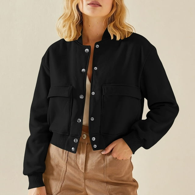 HongQid Women's Bomber Jackets Winter Trendy Varsity Jackets Shackets Button Down Cropped Coats with Pockets
