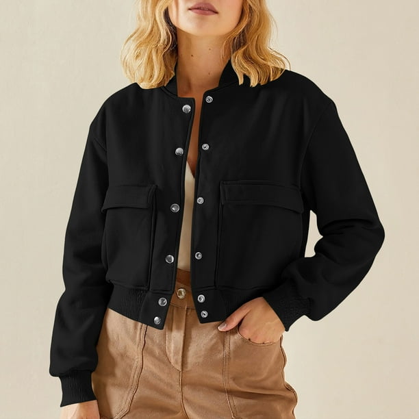 HongQid Women's Bomber Jackets Winter Trendy Varsity Jackets Shackets Button Down Cropped Coats with Pockets