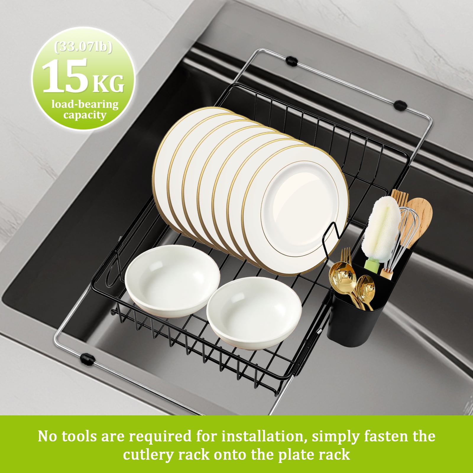Expandable Dish Drying Rack in Sink Adjustable Stainless Steel Dish Drainer Over The Sink with Utensil Holder for Kitchen Sink, 14.5"~20.9" L x 10.2"W